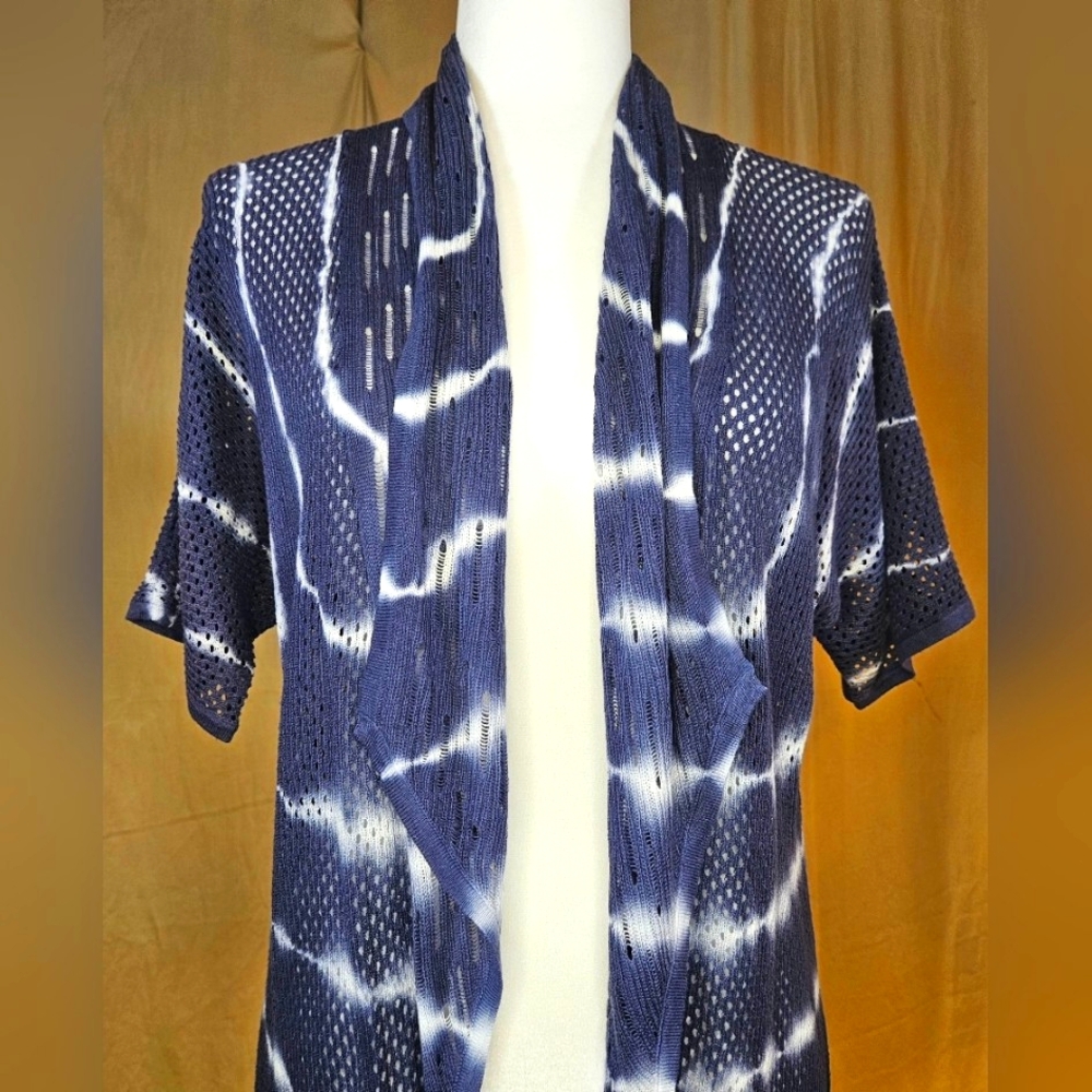 Design 365 Blue Shibori Tie Dye Open Knit Draped Cardigan Wrap Small - Picture 4 of 9